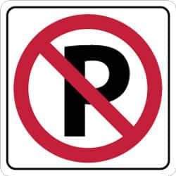 NMC - "Strike on P", 24" Wide x 24" High, Aluminum No Parking & Tow Away Signs - 0.08" Thick, Red & Black on White, High Intensity Reflectivity, Square, Post Mount - USA Tool & Supply