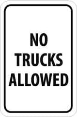 NMC - "No Trucks Allowed", 12" Wide x 18" High, Aluminum Parking Lot Traffic Signs - 0.08" Thick, Black on White, Engineer Grade Reflectivity, Rectangle, Post Mount - USA Tool & Supply