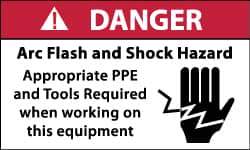 NMC - Accident Prevention Label, Header: DANGER - Legend: Danger - Arc Flash and Shock Hazard - Appropriate Pipe and Tools Required When Working On Equipment, English, Red, Black & White, 5" Long x 3" High, Sign Muscle Finish - USA Tool & Supply
