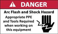 NMC - Accident Prevention Label, Header: DANGER - Legend: Danger - Arc Flash and Shock Hazard - Appropriate Pipe and Tools Required When Working On Equipment, English, Red, Black & White, 5" Long x 3" High, Sign Muscle Finish - USA Tool & Supply