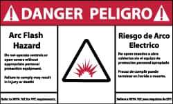 NMC - Accident Prevention Label, Header: DANGER - Legend: Danger - Arc Flash Hazard, English & Spanish, Red, Black & White, 5" Long x 3" High, Sign Muscle Finish - USA Tool & Supply