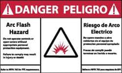 NMC - Accident Prevention Label, Header: DANGER - Legend: Danger - Arc Flash Hazard, English & Spanish, Red, Black & White, 5" Long x 3" High, Sign Muscle Finish - USA Tool & Supply