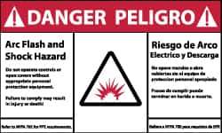 NMC - Accident Prevention Label, Header: DANGER - Legend: Danger - Arc Flash and Shock Hazard, English & Spanish, Red, Black & White, 5" Long x 3" High, Sign Muscle Finish - USA Tool & Supply