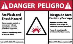 NMC - Accident Prevention Label, Header: DANGER - Legend: Danger - Arc Flash and Shock Hazard, English & Spanish, Red, Black & White, 5" Long x 3" High, Sign Muscle Finish - USA Tool & Supply