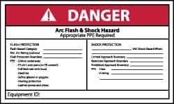 NMC - Accident Prevention Label, Header: DANGER - Legend: Danger - Arc Flash & Shock Hazard - Appropriate Pipe Required - Shows Check List, English, Red, Black & White, 5" Long x 3" High, Sign Muscle Finish - USA Tool & Supply