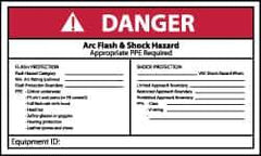 NMC - Accident Prevention Label, Header: DANGER - Legend: Danger - Arc Flash & Shock Hazard - Appropriate Pipe Required - Shows Check List, English, Red, Black & White, 5" Long x 3" High, Sign Muscle Finish - USA Tool & Supply