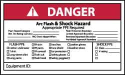 NMC - Accident Prevention Label, Header: DANGER - Legend: Danger - Arc Flash & Shock Hazard - Appropriate Pipe Required, English, Red, Black & White, 5" Long x 3" High, Sign Muscle Finish - USA Tool & Supply