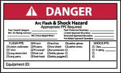 NMC - Accident Prevention Label, Header: DANGER - Legend: Danger - Arc Flash & Shock Hazard - Appropriate Pipe Required, English, Red, Black & White, 5" Long x 3" High, Sign Muscle Finish - USA Tool & Supply
