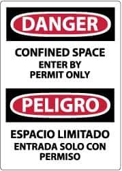 NMC - Accident Prevention Label, Header: DANGER - Legend: Danger - Confined Space - Enter by Permit Only, English & Spanish, Black, Red & White, 3" Long x 5" High, Sign Muscle Finish - USA Tool & Supply