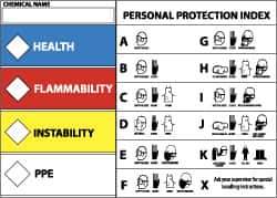 NMC - Hazardous Materials Label - Legend: Health - Flammability - Instability - PPE, English, Blue, Red, Yellow & White, 5" Long x 3" High, Sign Muscle Finish - USA Tool & Supply