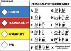 NMC - Hazardous Materials Label - Legend: Health - Flammability - Instability - PPE, English, Blue, Red, Yellow & White, 5" Long x 3" High, Sign Muscle Finish - USA Tool & Supply