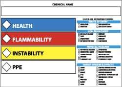 NMC - Hazardous Materials Label - Legend: Health - Flammability - Instability - PPE, English, Blue, Red, Yellow & White, 5" Long x 3" High, Sign Muscle Finish - USA Tool & Supply