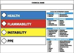 NMC - Hazardous Materials Label - Legend: Health - Flammability - Instability - PPE, English, Blue, Red, Yellow & White, 5" Long x 3" High, Sign Muscle Finish - USA Tool & Supply