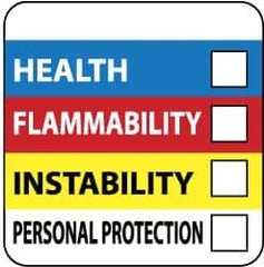 NMC - Hazardous Materials Label - Legend: Health - Flammability - Instability - Personal Protection, English, Blue, Red, Yellow & White, 2" Long x 2" High, Sign Muscle Finish - USA Tool & Supply