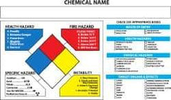NMC - Hazardous Materials Label - Legend: Chemical Name, English, Black, Blue, Red, Yellow & White, 5" Long x 3" High, Sign Muscle Finish - USA Tool & Supply