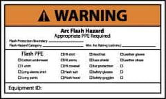 NMC - Accident Prevention Label, Header: WARNING - Legend: Warning - Arch Flash and Shock Hazard - Appropriate PPE and Tools Required When Working On This Equipment, English, Black, Orange & White, 5" Long x 3" High, Sign Muscle Finish - USA Tool & Supply