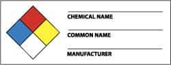 NMC - Hazardous Materials Label - Legend: Chemical Name ___ - Common Name ___ - Manufacturer ___, English, Black, Blue, Red, Yellow & White, 4" Long x 1-1/2" High, Sign Muscle Finish - USA Tool & Supply