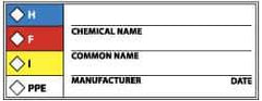 NMC - Hazardous Materials Label - Legend: H - F - I - PPE - Chemical Name ___ Common Name ___ Manufacturer ___ Date ___, English, Black, Blue, Red, Yellow & White, 4" Long x 1-1/2" High, Sign Muscle Finish - USA Tool & Supply