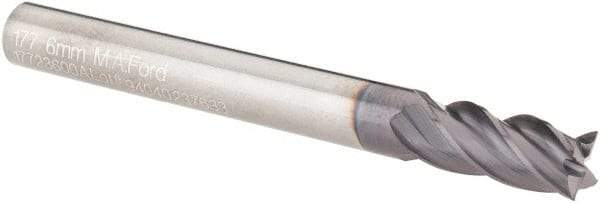 M.A. Ford - 6mm, 13mm LOC, 6mm Shank Diam, 57mm OAL, 4 Flute, Solid Carbide Square End Mill - Single End, TiAlN Finish, Spiral Flute, Variable° Helix, Centercutting, Right Hand Cut, Right Hand Flute, Series 177 - USA Tool & Supply
