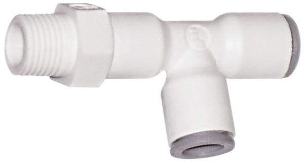 Parker - 3/8" OD, 1/4 NPTF, Bio-Sourced Nylon 11 Push-to-Connect Male Swivel Run Tee - 190 Max psi, White - USA Tool & Supply