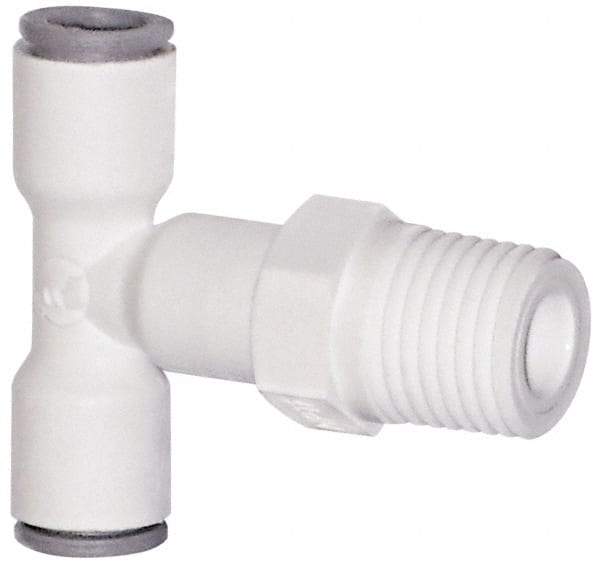 Parker - 1/4" OD, 1/8 NPTF, Bio-Sourced Nylon 11 Push-to-Connect Male Swivel Branch Tee - 230 Max psi, White - USA Tool & Supply