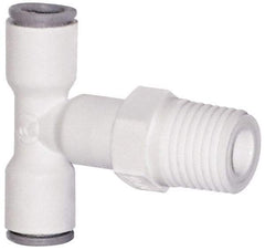 Parker - 1/4" OD, 1/8 NPTF, Bio-Sourced Nylon 11 Push-to-Connect Male Swivel Branch Tee - 230 Max psi, White - USA Tool & Supply