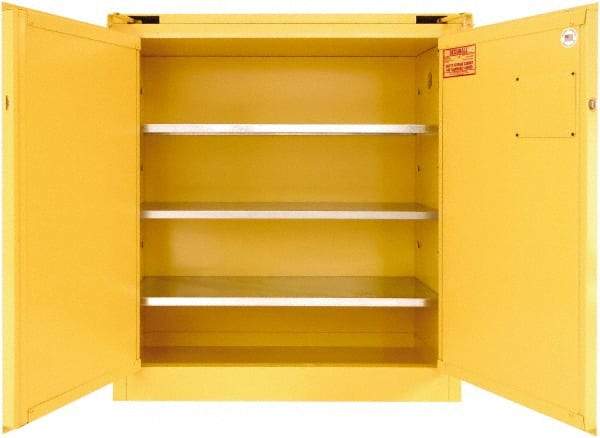 Securall Cabinets - 2 Door, 3 Shelf, Yellow Steel Standard Safety Cabinet for Flammable and Combustible Liquids - 46" High x 43" Wide x 18" Deep, Self Closing Door, 3 Point Key Lock, 40 Gal Capacity - USA Tool & Supply