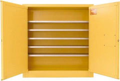 Securall Cabinets - 2 Door, 5 Shelf, Yellow Steel Wall Mount Safety Cabinet for Flammable and Combustible Liquids - 44" High x 43" Wide x 12" Deep, Manual Closing Door, 3 Point Key Lock, 24 Gal Capacity - USA Tool & Supply
