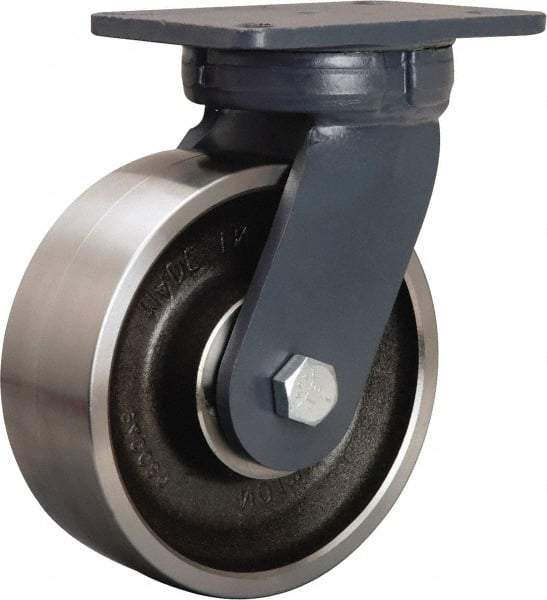 Hamilton - 8" Diam x 3" Wide x 10-1/2" OAH Top Plate Mount Swivel Caster - Forged Steel, 6,000 Lb Capacity, Sealed Precision Ball Bearing, 5-1/4 x 7-1/4" Plate - USA Tool & Supply