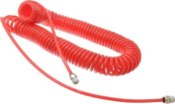 PRO-SOURCE - 0.16 ID, 1/4 Thread, 30' Long, Red Polyurethane Coiled & Self Storing Hose - 125 Max psi, Male Swivel x Male Swivel - USA Tool & Supply