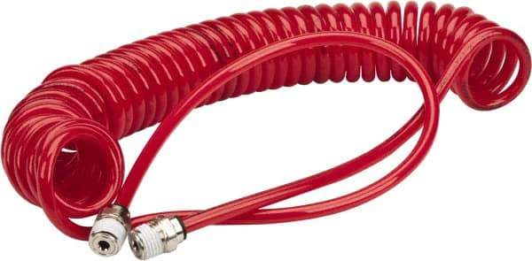 PRO-SOURCE - 0.16 ID, 1/4 Thread, 15' Long, Red Polyurethane Coiled & Self Storing Hose - 125 Max psi, Male Swivel x Male Swivel - USA Tool & Supply