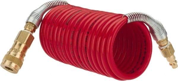 PRO-SOURCE - 1/4" ID, 1/4 Thread, 12' Long, Red Nylon Coiled & Self Storing Hose - 240 Max psi, Industrial Interchange Coupler x Plug - USA Tool & Supply