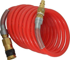 PRO-SOURCE - 3/8" ID, 3/8 Thread, 12' Long, Red Nylon Coiled & Self Storing Hose - 225 Max psi, Industrial Interchange Coupler x Plug - USA Tool & Supply