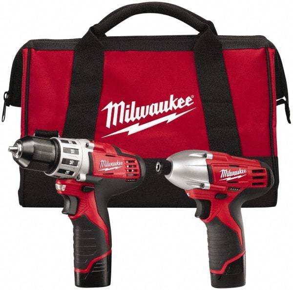 Milwaukee Tool - 12 Volt Cordless Tool Combination Kit - Includes 1/4" Hex Impact Driver & 3/8" Drill/Driver, 2 Lithium-Ion Batteries Included - USA Tool & Supply