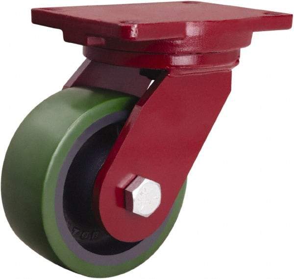 Hamilton - 6" Diam x 2-1/2" Wide x 8-1/2" OAH Top Plate Mount Swivel Caster - Polyurethane Mold onto Cast Iron Center, 1,600 Lb Capacity, Tapered Roller Bearing, 6-1/8 x 7-1/2" Plate - USA Tool & Supply