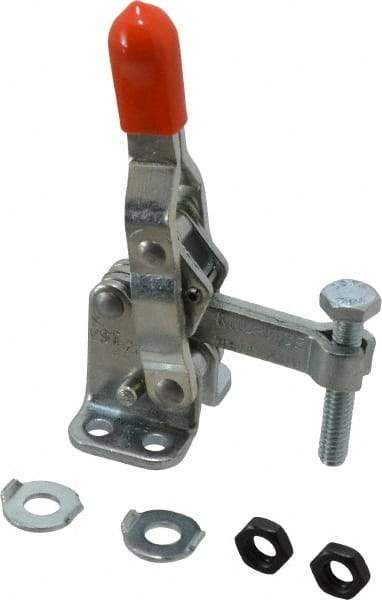 Lapeer - 200 Lb Holding Capacity, Vertical Handle, Manual Hold Down Toggle Clamp - 64° Handle Movement, 110° Bar Opening, Solid Bar, Flanged Base, Carbon Steel - USA Tool & Supply