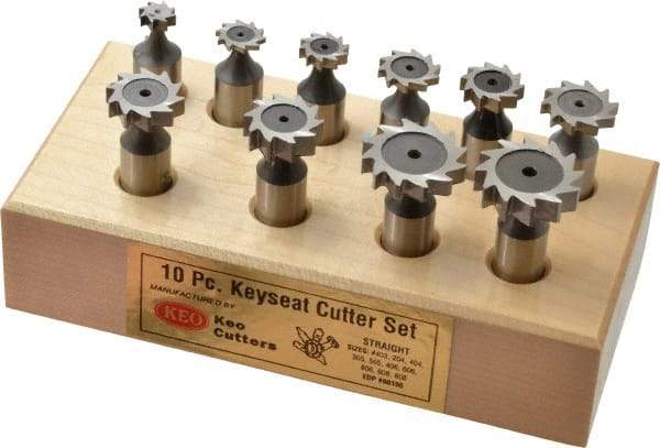 Keo - 3/8 to 1" Cutting Diam, Straight Tooth Configuration, Woodruff and Keyseat Cutter Set - 204 to 808 ANSI, High Speed Steel, 10 Pieces - USA Tool & Supply