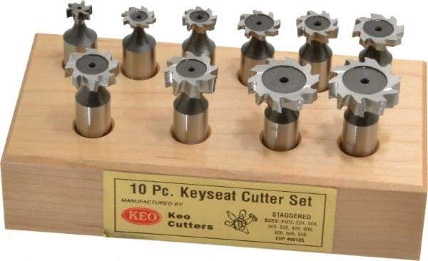 Keo - 1/2 to 1" Cutting Diam, Staggered Tooth Configuration, Woodruff and Keyseat Cutter Set - 204 to 808 ANSI, High Speed Steel, 10 Pieces - USA Tool & Supply