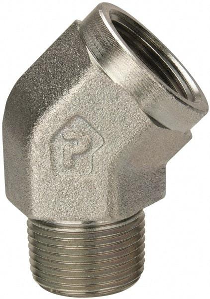 Parker - 1 Male Thread x 1 Female Thread, Zinc Plated Steel Industrial Pipe 45° Street Elbow - MNPTF x FNPTF, 1,800 psi - USA Tool & Supply