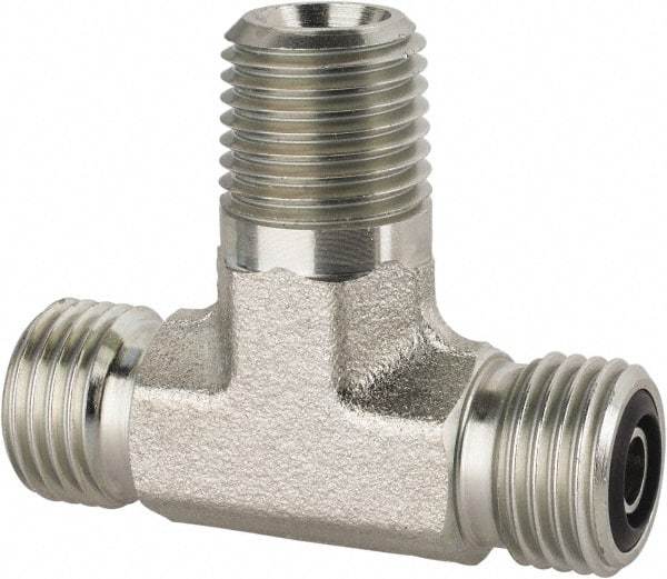 Parker - 1/4" OD, Steel Zinc Plated Male Branch Tee - 6,000 Max Working psi, O-Ring Face Seal/NPTF Ends - USA Tool & Supply