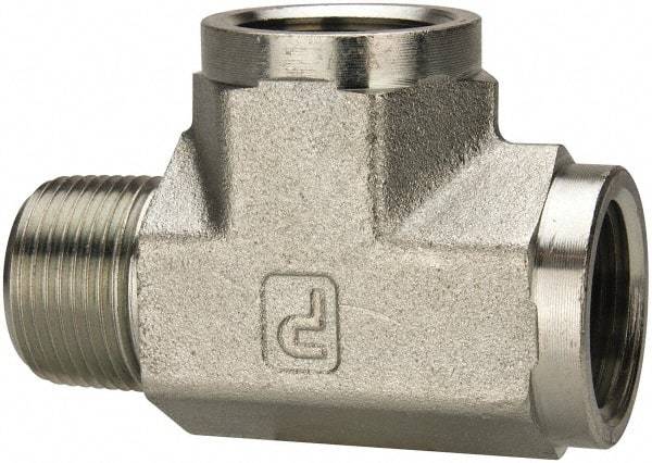 Parker - 1 Male Thread x 1 Female Thread, Zinc Plated Steel Industrial Pipe Street Tee - MNPTF x FNPTF, 1,800 psi - USA Tool & Supply
