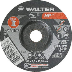 WALTER Surface Technologies - 24 Grit, 4" Wheel Diam, 1/4" Wheel Thickness, 5/8" Arbor Hole, Type 27 Depressed Center Wheel - Aluminum Oxide, Resinoid Bond, 15,000 Max RPM - USA Tool & Supply