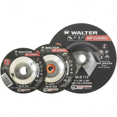 WALTER Surface Technologies - 30 Grit, 7" Wheel Diam, 1/8" Wheel Thickness, 7/8" Arbor Hole, Type 27 Depressed Center Wheel - Aluminum Oxide, Resinoid Bond, 8,600 Max RPM - USA Tool & Supply