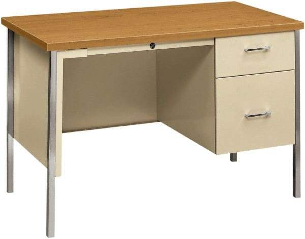 Hon - Woodgrain Laminate/Metal Right Pedestal Desk with Center Drawer - 45" Wide x 24" Deep x 29" High, Harvest/Putty - USA Tool & Supply