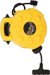 Bayco - 12 AWG, 50' Cable Length, Cord & Cable Reel with Outlet End - 4 Outlets, NEMA 5-15R, 15 Amps, SJTW Cable, Yellow Reel - USA Tool & Supply