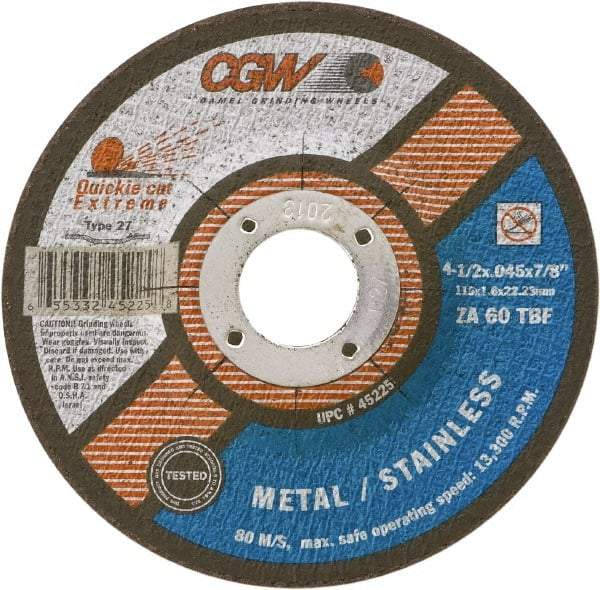 Camel Grinding Wheels - 60 Grit, 6" Wheel Diam, 7/8" Arbor Hole, Type 27 Depressed Center Wheel - Medium Grade, Zirconia Alumina, Resinoid Bond, T Hardness, 10,200 Max RPM - USA Tool & Supply