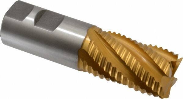 Hertel - 1-1/4" Diam, Coarse Pitch, 2" LOC, 6 Flute Cobalt Roughing Square End Mill - TiN Finish, 4-1/2" OAL, 1-1/4" Shank Diam, Single End, Centercutting, 30° Helix - USA Tool & Supply