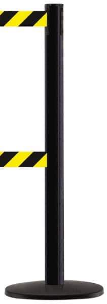 Tensator - 38-1/4" High, 2-1/2" Pole Diam, Tensabarrier Post - 13-1/2" Base Diam, Round ABS Plastic Base, Black 7-1/2" Tape, Dual Line Tape - USA Tool & Supply