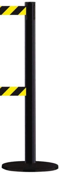 Tensator - 38-1/2" High, 2-1/2" Pole Diam, Tensabarrier Post - 13-1/2" Base Diam, Round Metal Base, Black 7-1/2' Tape, Dual Line Tape - USA Tool & Supply