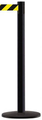 Tensator - 38" High, 2-1/2" Pole Diam, Barricade Tape Dispenser - 14" Base Diam, Round Stainless Steel Base, Black Steel Post, 13' x 1-7/8" Tape, Single Line Tape, For Outdoor Use - USA Tool & Supply